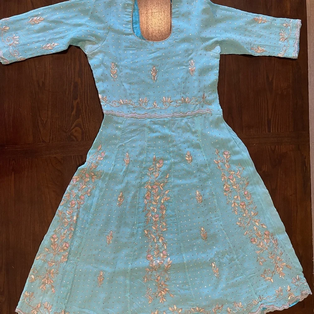 3pc Pink & Blue Indian Anarkali Suit With Salwaar - Picture 13 of 15